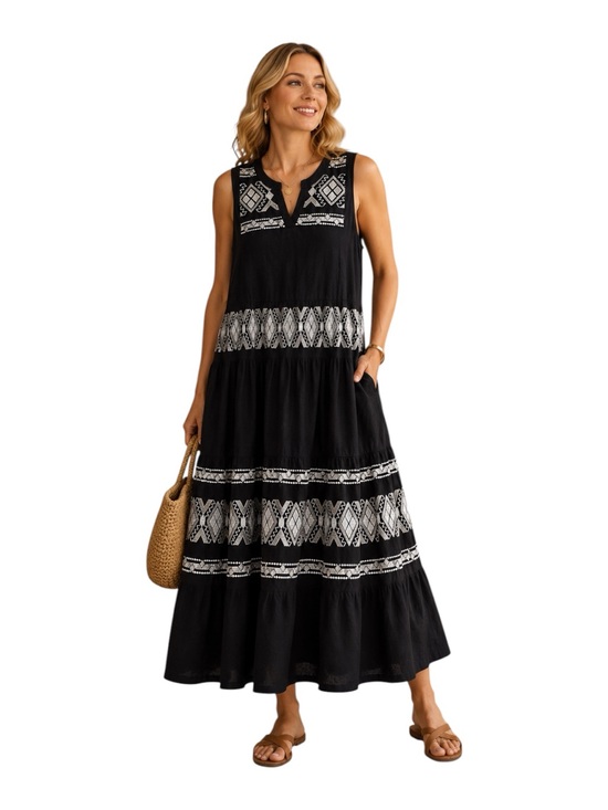 Chico's Dresses & Skirts - Chico's Size 3 (US 16) Black Linen Embroidered Sleeveless Maxi Dress Boho